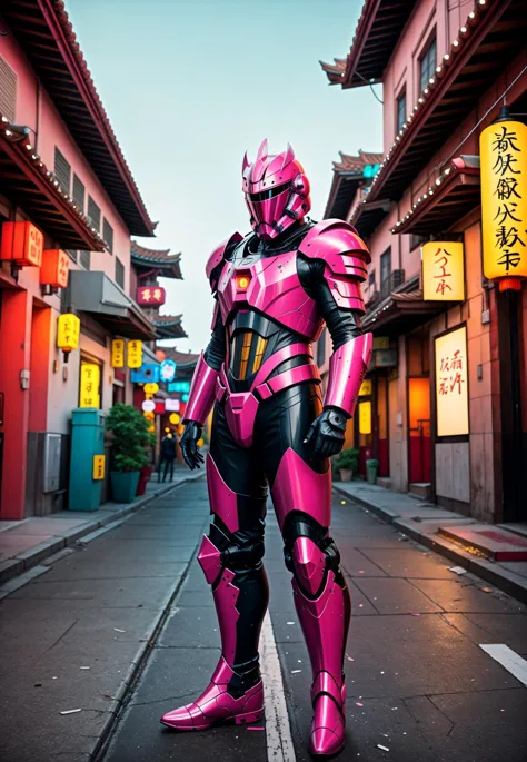 full body, Fluorescent Pink, hdsrmr, hdsrmr boots, hdsrmr helmet, hdsrmr pldrns, mecha helmet, holding zweihander, hood up, looking at viewer, old man focus, muscular, Wounded but Defiant Pose, shoulder hdsrmr, solo, torn clothes, weapon, Neon-Lit Chinatown <lora:Armor from HaDeS v8.0 SD1.5:0.7>