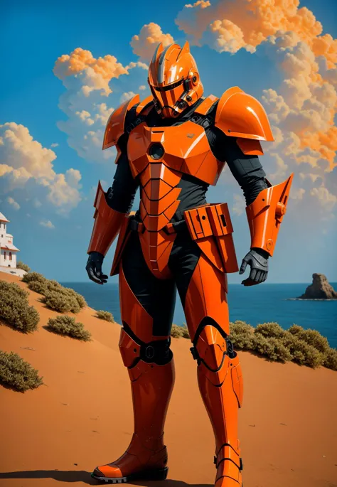 full body, Light Orange, hdsrmr, hdsrmr boots, hdsrmr helmet, hdsrmr pldrns, mecha helmet, holding zweihander, hood up, looking at viewer, young man focus, muscular, Intense Battle Roar, shoulder hdsrmr, solo, torn clothes, weapon, Coastal Villages at Dawn <lora:Armor from HaDeS v8.0 SD1.5:0.7>