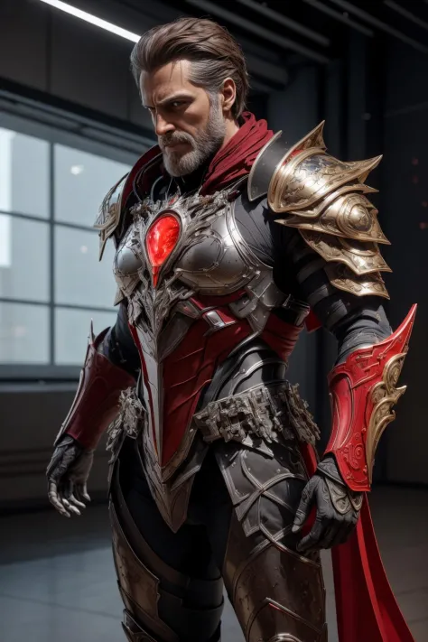 masterpiece, best quality, intricate details, highly detailed raw photography, photorealism, photorealistic, Real-Time Ray Tracing lighting, volumetric lighting, volumetric shadows, 8k-perfect-octane
older man in Comic Book Red hades_armor, shoulder armor, pauldrons, breastplate, armor reflexions, red scarf, sideburns, ((knees apart feet together)), perfect sharp eyes
space station city background withA place with a lot of glass details in silver and gold, Bokeh Background Lights