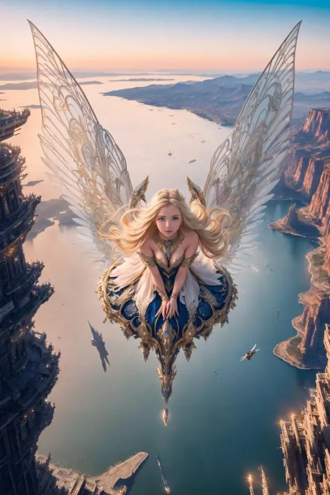 Obra maestra visualmente impresionante de la más alta calidad, Con una chica rubia adornada con una armadura de Hades completa con elegantes alas de metal, elevándose con gracia sobre un deslumbrante paisaje urbano. Presta atención meticulosa a los detalles., infundiendo cada elemento de la escena con una belleza y un realismo impresionantes.. Captura la esencia de un mundo futurista impresionante y altamente detallado mientras esta extraordinaria chica levanta el vuelo, Crear una imagen que deje una impresión duradera