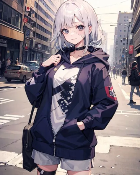 1girl, large breasts,stitched face, patchwork skin, closed mouth, long_hair, light smile,city,street, white hair, ,stitched_face,patchwork_skin,cowboy shot,( hoodie),(hand in pocket),  