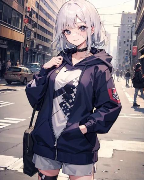 1girl, large breasts,stitched face, patchwork skin, closed mouth, long_hair, light smile,city,street, white hair, ,stitched_face,patchwork_skin,cowboy shot,( hoodie),(hand in pocket),  <lora:StitchedFaceV1[Stitched_Face_Patchwork_Skin]:1>,