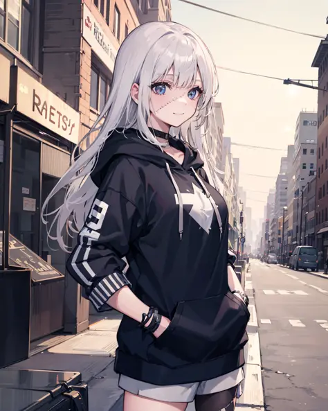 1girl, large breasts,stitched face, patchwork skin, closed mouth, long_hair, light smile,city,street, white hair, ,stitched_face,patchwork_skin,cowboy shot,( hoodie),(hand in pocket),  