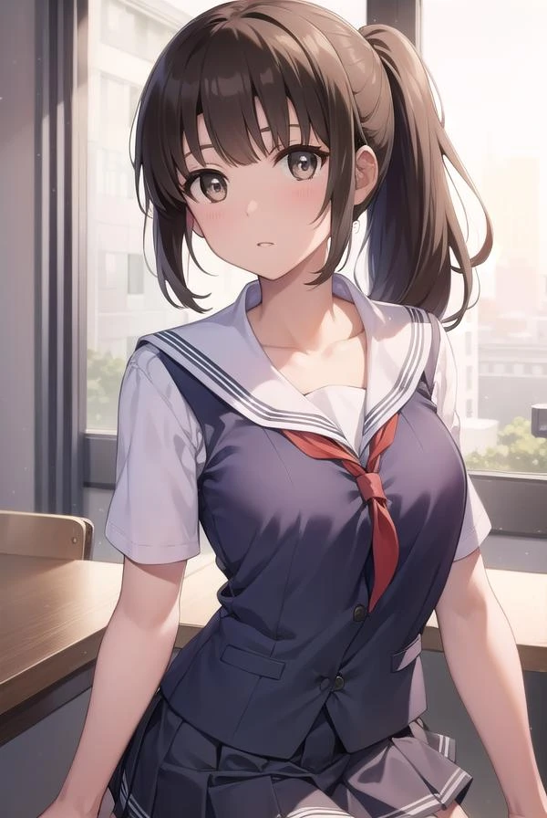 katoumegumi, megumi katou, brown hair, long hair, ponytail, (brown eyes:1.5), (small breast:1.2),
BREAK miniskirt, , skirt, sailor uniform, serafuku,
BREAK looking at viewer,
BREAK indoors, classroom,
BREAK (masterpiece:1.2), best quality, high resolution, unity 8k wallpaper, (illustration:0.8), (beautiful detailed eyes:1.6), extremely detailed face, perfect lighting, extremely detailed CG, (perfect hands, perfect anatomy),