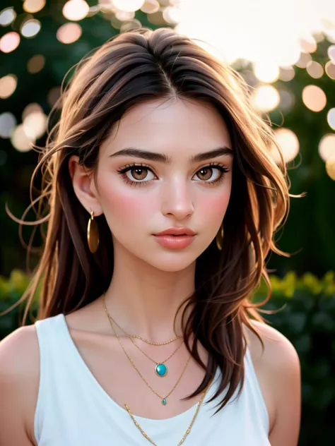 Realistic photo of a beautiful 3m1lyr-v2 woman,  1girl, solo, long hair, looking at viewer, brown hair, bare shoulders, brown eyes, jewelry, earrings, parted lips, necklace, lips, portrait, realistic, soft lighting, professional Photography, Photorealistic, detailed, RAW, analog, sharp focus, 8k, HD, high quality, masterpiece