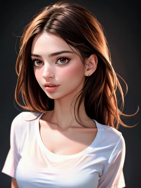 Realistic photo of a beautiful 3m1lyr-v2 woman,  1girl, solo, long hair, breasts, looking at viewer, simple background, brown hair, shirt, brown eyes, medium breasts, collarbone, white shirt, upper body, parted lips, teeth, lips, crop top, forehead, realistic, nose, soft lighting, professional Photography, Photorealistic, detailed, RAW, analog, sharp focus, 8k, HD, high quality, masterpiece