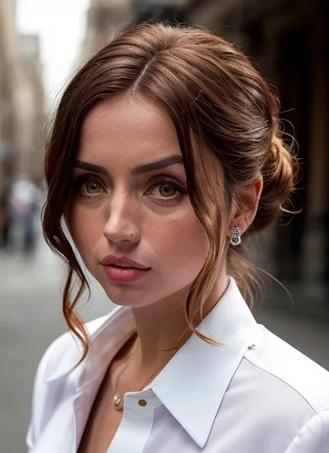 a close up of a woman in a white shirt on a city street