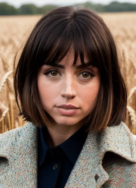 a close up of a woman in a field of wheat