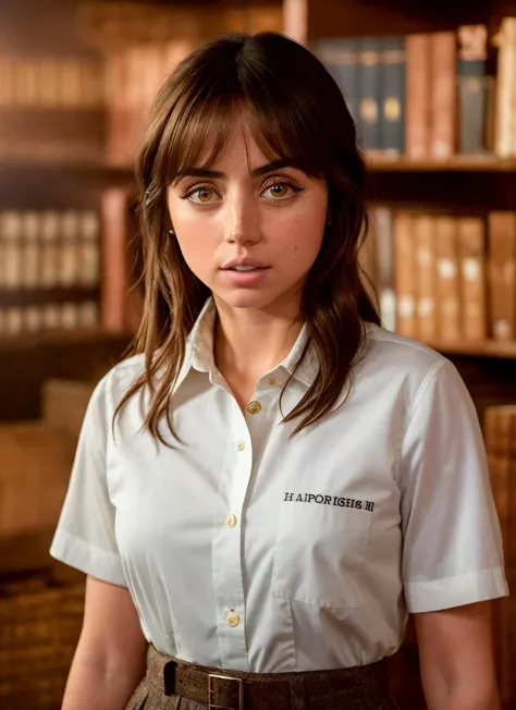 a woman in a white shirt and brown skirt standing in front of a book shelf