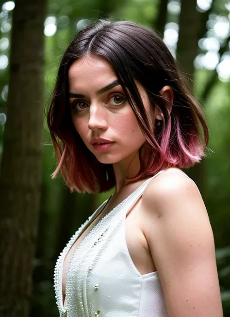 a close up of a woman with a pink hair and a white dress