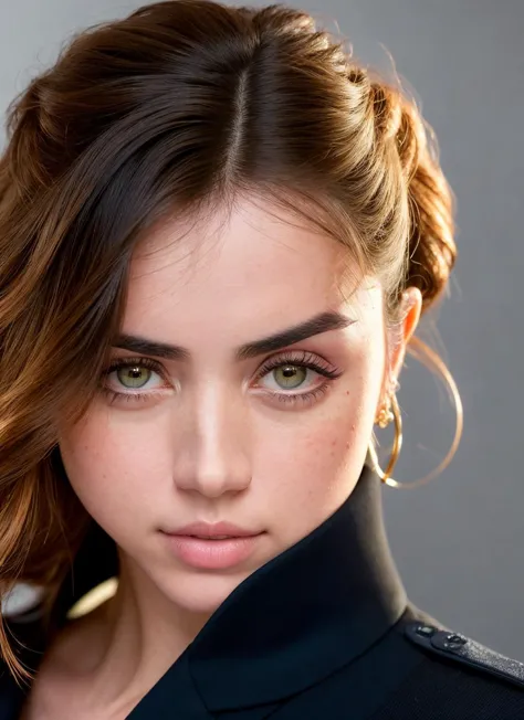 a close up of a woman with a black jacket and green eyes