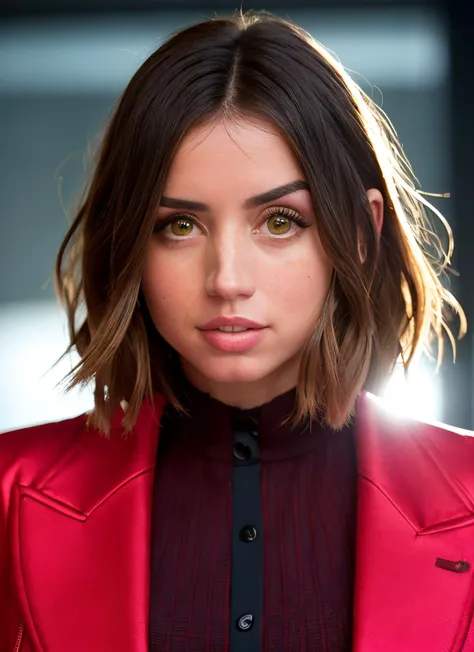 a close up of a woman with a red jacket and black shirt