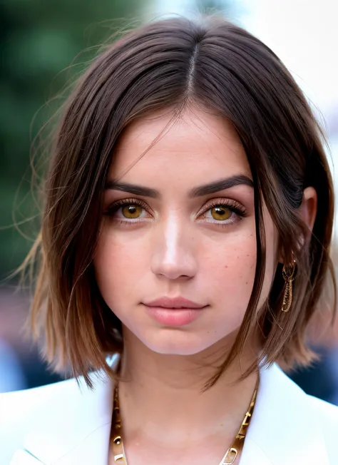 a close up of a woman with a necklace and a white jacket