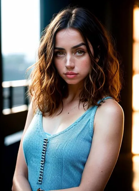 a close up of a woman with a blue top and a chain around her neck