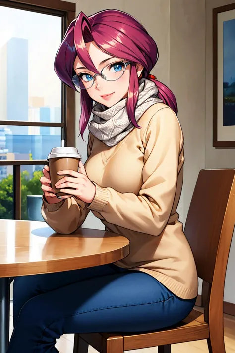 anime girl with pink hair sitting at a table with a cup of coffee