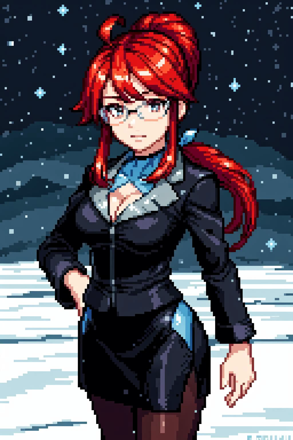thick outlines, comics, photorealistic, perfect hands, masterpiece:1.2, 1girl, (solo), standing, presence, seal, lgpeLorelei, red hair, ponytail, ahoge, glasses, formal, black suit, cleavage cutout, black skirt, pantyhose, frozen landscape, snow, ice, detailed background, detailed face, detailed eyes, 