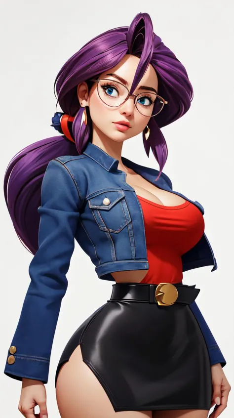 animeLorelei, purple hair, blue eyes, hair between eyes, glasses, blue jacket, red shirt, cleavage, belt, pencil skirt high detailed, masterpiece, as cartoon character, perfect hands, round breasts, wide hips, thick thighs, ultra realistic digital art, clean scene, white background, 