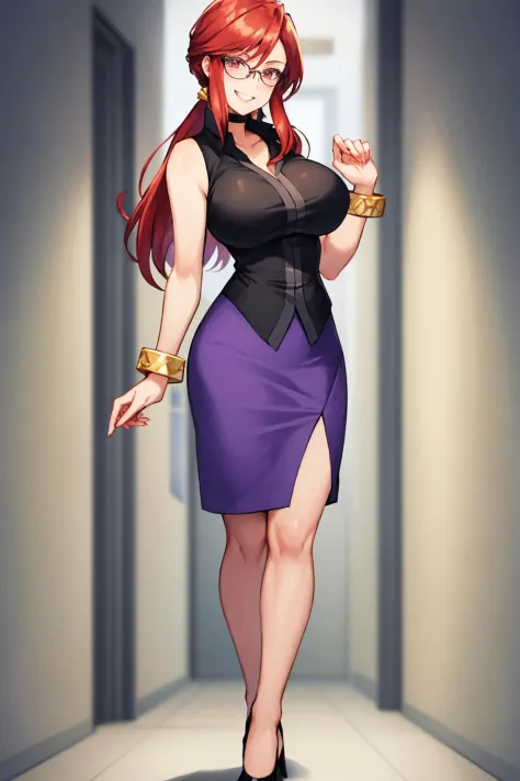 masterpiece, best quality,  <lora:lorelei-nvwls-v1-000009:0.9> frlgLorelei, red hair, swept bangs, glasses, black shirt, sleeveless, bracelet, miniskirt, purple skirt, large breasts, grin, standing, high heels, whole body, hallway, looking at viewer