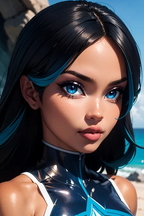 solo, masterpiece, hires,high resolution, best quality, (close-up, portrait, headshot) of izumip, streaked hair, blue hair, black hair, blue eyes, hair over one eye, eyeshadow, dark-skinned female, bratz, large breasts, beautiful, blue bodysuit, looking at viewer, photoshoot, in a marine cave base, villian lair background