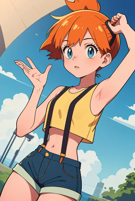 (masterpiece, best quality), 1girl, <lora:PKMN_Misty_v2:0.8> pkmnmisty, 1girl, solo, blue eyes, orange hair, short hair, side ponytail, bangs, hair tie,, yellow shirt, crop top, sleeveless, suspenders, short shorts,