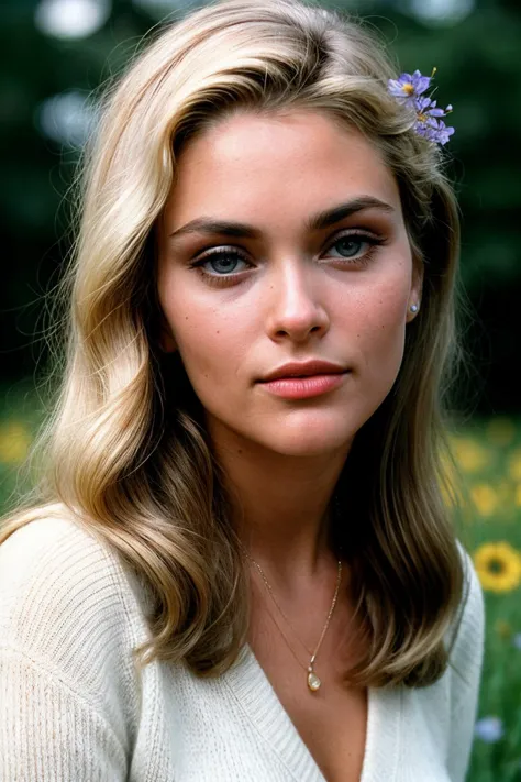 a close up of a woman with a flower in her hair