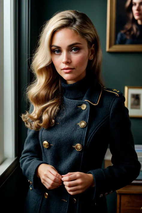 a woman in a black coat standing next to a window