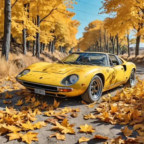 panorama, dreamy vibes art style, yellow Lamborghini Miura , dust deposit, backroad, maple leaves, torrid, watercolor, masterpiece, comics page, crystal clear blue sky, dusty, music, <lora:chinese-art:2>, dust, flat colors, paper texture, golden hour, old, abandoned, in memory,  finality, ending, homesickness,