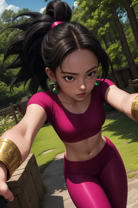 Kefla, 1fille, seulement, cheveux noirs, Yeux noirs, super saiyan, cheveux pointus, queue de cheval, boucles d&#39;oreilles vertes,
diaphragme, haut rose, manches courtes, haut court, manches courtes, pantalon violet, avant-bras dorés, peau tendue,
forêt,Extérieur,
(Incroyablement détaillé, beau visage détaillé, chef-d&#39;œuvre, Meilleure qualité) Éclairage cinématographique,