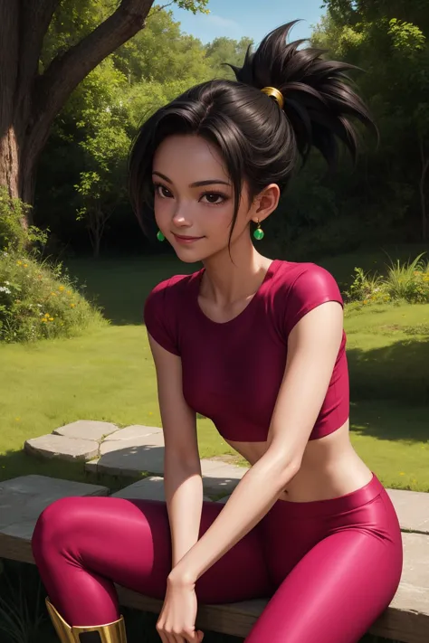 kefla, 1girl, solo, black hair, black eyes, super saiyan, spiked hair, ponytail, green earrings,
midriff, pink top, short sleeve...