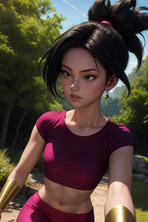 Kefla, 1fille, seulement, cheveux noirs, Yeux noirs, super saiyan, cheveux pointus, queue de cheval, boucles d&#39;oreilles vertes,
diaphragme, haut rose, manches courtes, haut court, manches courtes, pantalon violet, avant-bras dorés, peau tendue,
forêt,Extérieur,
(Incroyablement détaillé, beau visage détaillé, chef-d&#39;œuvre, Meilleure qualité) Éclairage cinématographique,