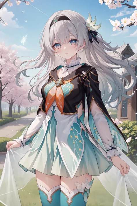 masterpiece,best quality,highres,ultra-detailed,(facing_viewer:1.1),solo,1girl,small breasts,standing,outdoors,garden,cherry blossom,trees,cowboy shot,firefly,black hairband,long hair,grey hair,jacket,orange neckerchief,thighhighs,