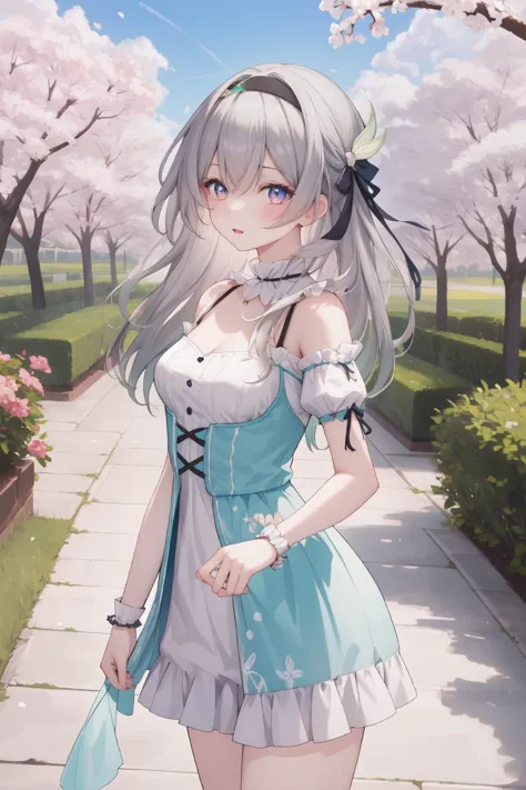 anime girl with long gray hair and blue dress standing on sidewalk