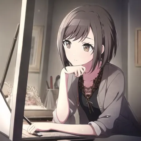 anime girl sitting at a desk with a laptop computer