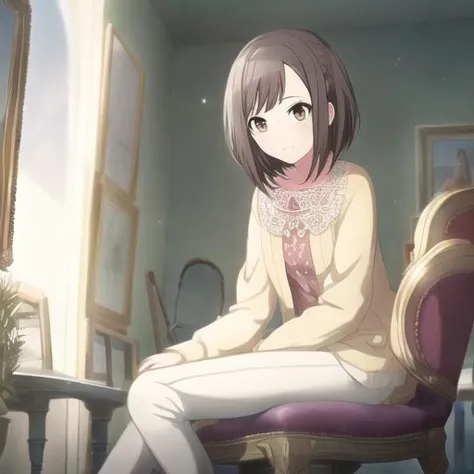 anime girl sitting on a chair in a room with a window