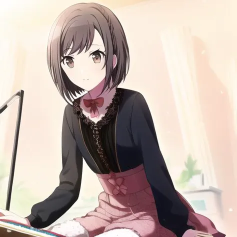 anime image of a woman sitting on a desk with a microphone