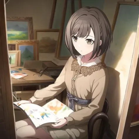 anime girl sitting in chair reading a book in a room