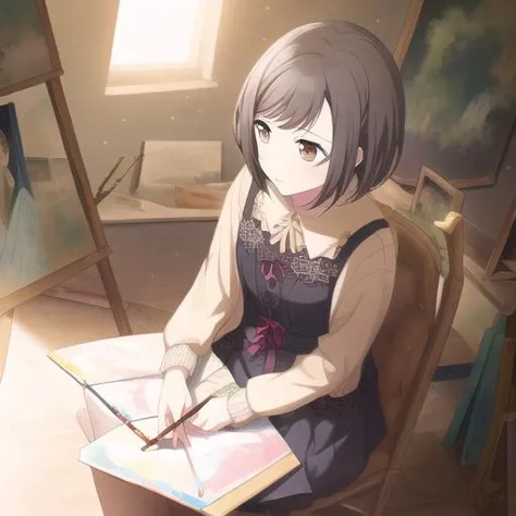 anime girl sitting in a chair with a book and a painting