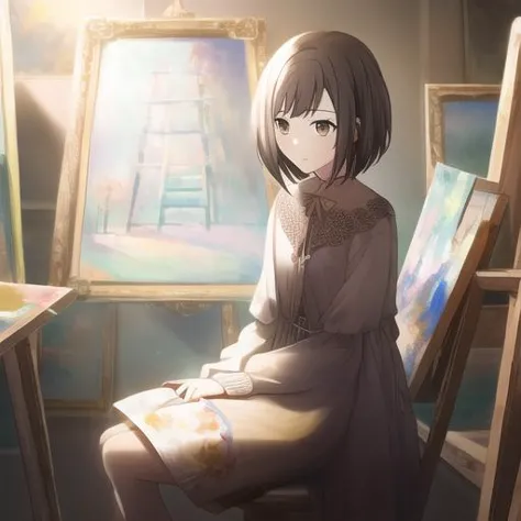 anime girl sitting in front of a painting easel in an art studio