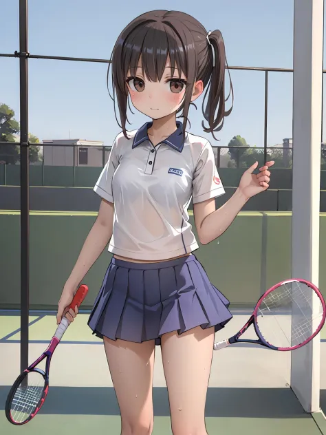 masterpiece, best quality, 1girl, solo, looking_at_viewer, blush, short_hair, bangs, skirt, brown_hair, shirt, holding, brown_eyes, closed_mouth, standing, white_shirt, ponytail, short_sleeves, sidelocks, sweat, pleated_skirt, collared_shirt, wet, see-through, wet_clothes, sportswear, tennis_uniform, racket, tennis_racket, <lora:ega:1>