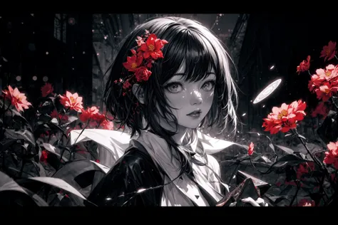 anime girl with flowers in her hair standing in front of flowers