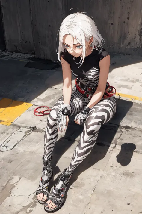 Anime, zebra print city street, Arte Povera, flyweight Burundian (Girl:1.3) , the Girl is very Sturdy and Affectionate, Meditating, the Girl has Anxious eyes, masterpiece, she has Platinum hair, Disruptive Belts, Earring and Mechanical Body Parts, Bathed in shadows