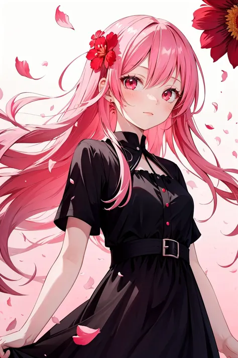 masterpiece, (aesthetic style:0.7), 1girl, solo, looking at viewer, pink hair, floating hair, from below, long hair, black dress, short sleeves, red flower, closed mouth, red eyes, gradient background, petals