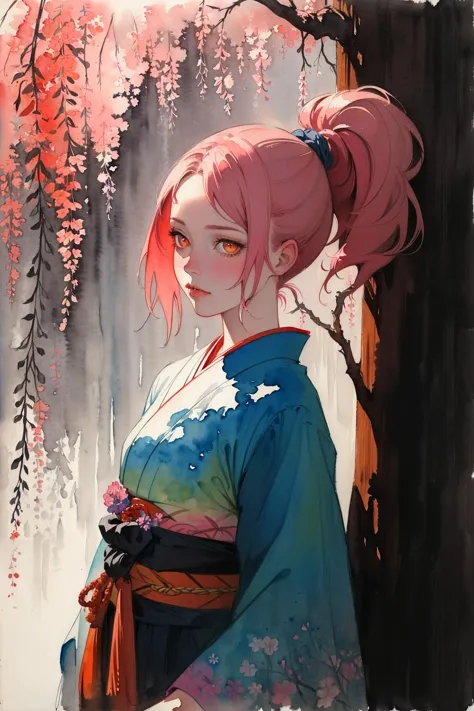 a painting of a woman in a kimono outfit standing under a tree