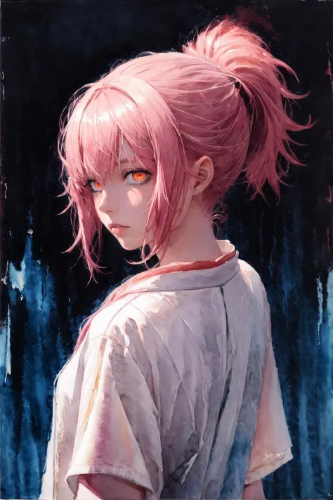 (masterpiece), anime, (photo_\(medium\):1.0), by Antonio J. Manzanedo, by Jeremy Lipking, 1girl, lightning, in a surreal landscape, painting style with watercolor, brushstrokes, unbuttoned, orange eyes, ponytail, pink hair, cyberpunk, japanese clothes