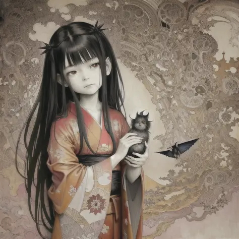 by Gris Grimly, by Jenny Saville, by Alphonse Mucha, oil painting, vivid color, 18 years old [angelic] asian girl wearing a kimono standing on a hill in hell, (underworld), (demons, imps and devils fly in the background), sfw