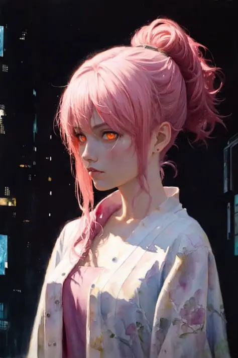 (masterpiece), anime, (photo_\(medium\):1.0), by Antonio J. Manzanedo, by Jeremy Lipking, 1girl, lightning, in a surreal landscape, painting style with watercolor, brushstrokes, unbuttoned, orange eyes, ponytail, pink hair, cyberpunk, japanese clothes