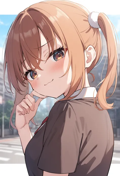 anime girl with ponytail hair and brown shirt looking at camera