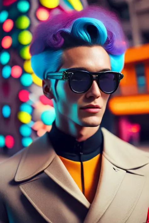 (portrait fashionista man middle ages 1950s with intricate colorful trendy glossy polarized goggle), flufly clorful hair, smily ...