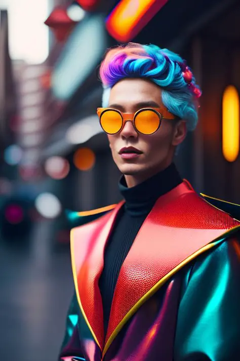 (portrait fashionista man middle ages 1950s with intricate colorful trendy glossy polarised goggle), flufly clorful hair, smily ...
