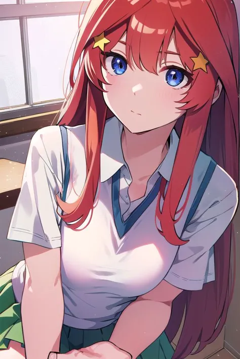 anime girl with long red hair sitting on a bench